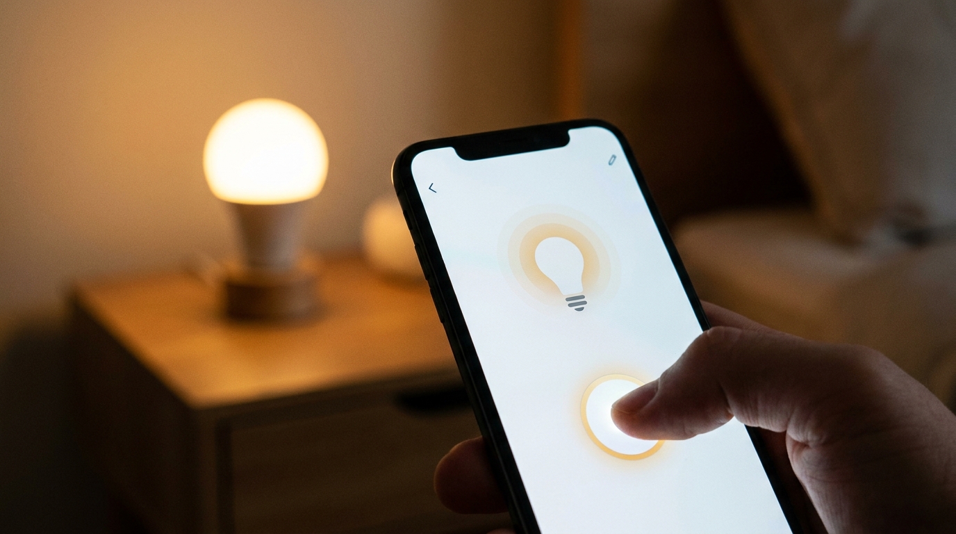 A close-up shot of a person's hand pressing a button on a sleek smartphone app to turn off a glowing smart bulb in the…