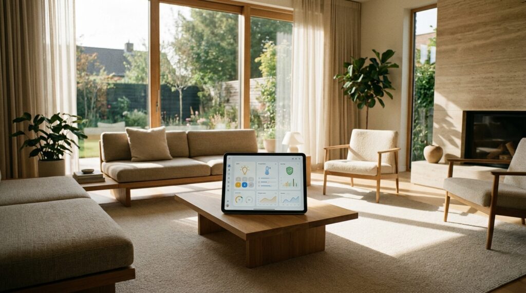 A modern, well-lit living room featuring a tablet on a coffee table displaying a smart home control dashboard