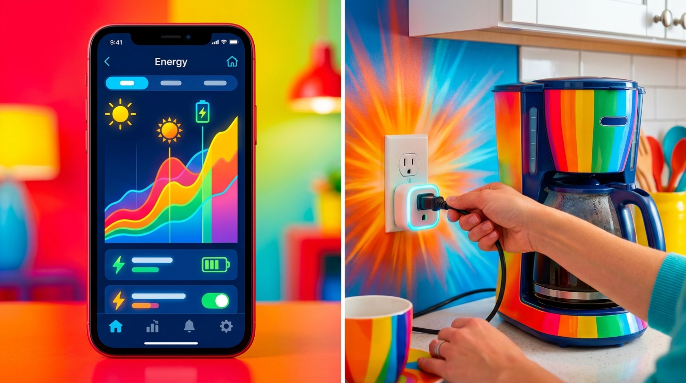 A split-screen image showing a smartphone displaying an energy monitoring graph on a smart home app on one side