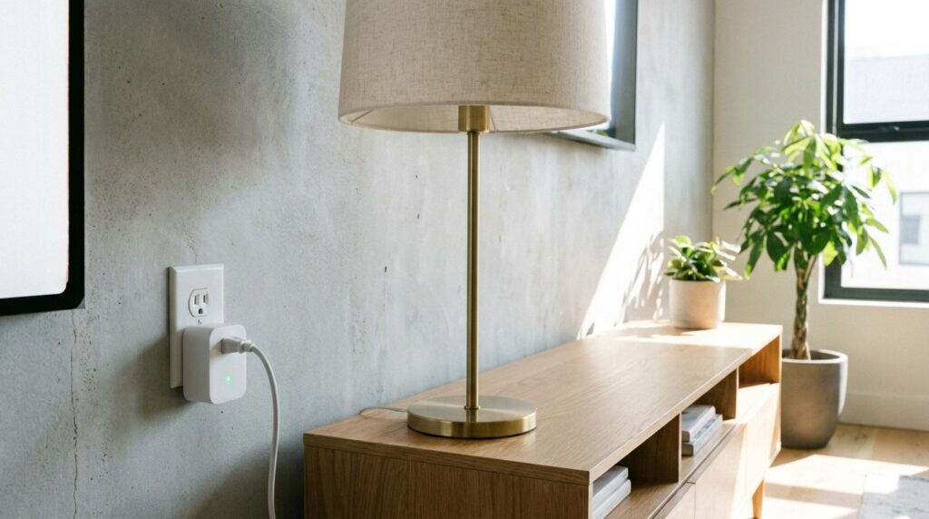 A close-up shot of a modern, sleek smart plug inserted into a standard wall outlet