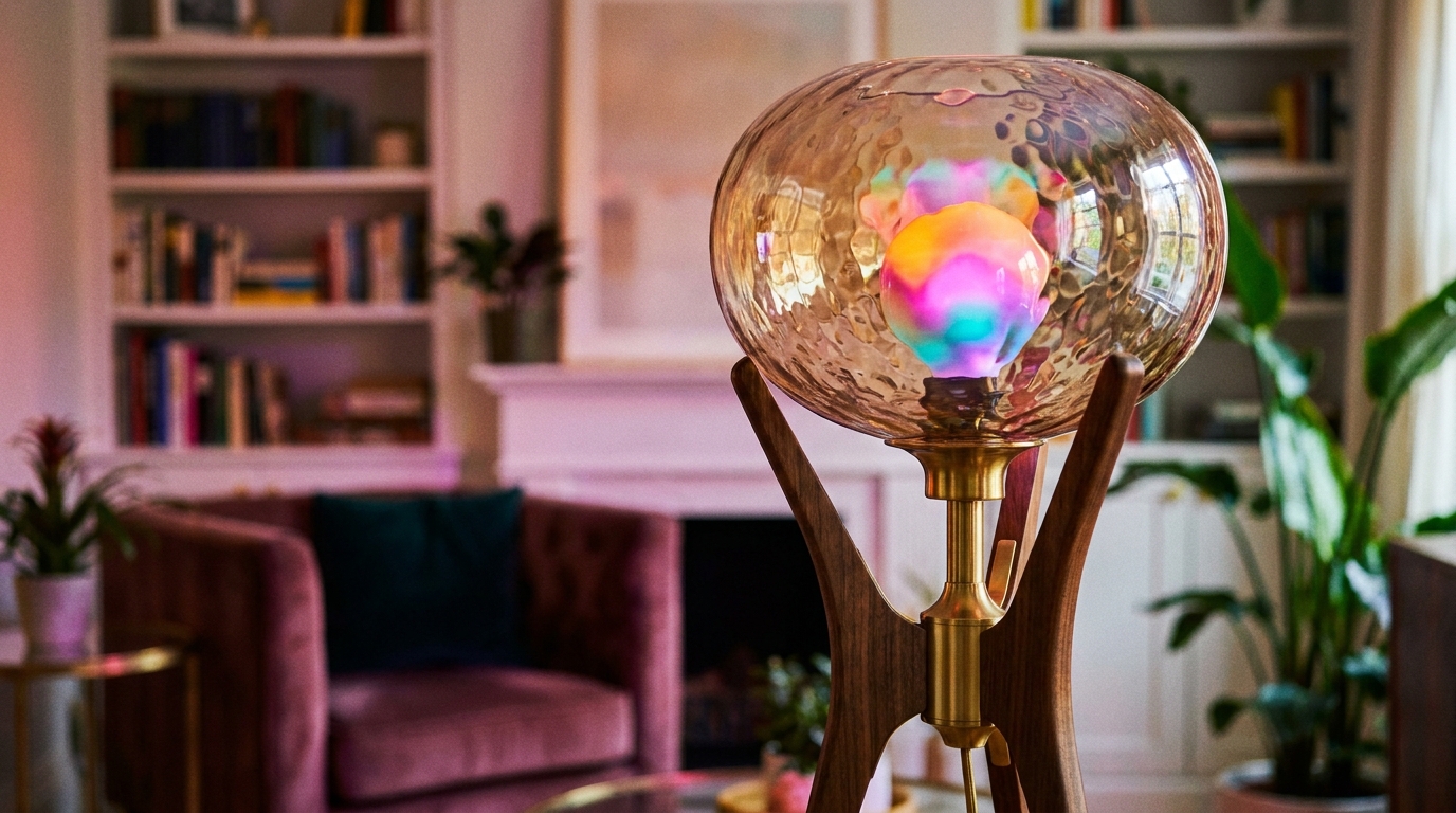 A close-up view of an elegant floor lamp with a glowing, multi-colored smart bulb inside. In the background
