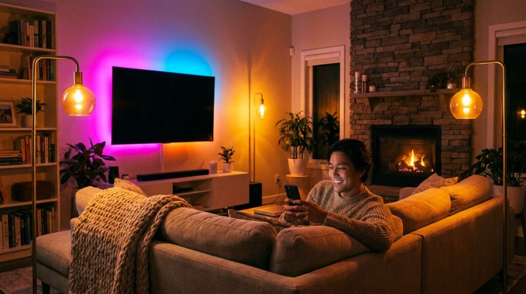 A cozy, modern living room illuminated by colorful smart LED strip lights behind the TV and warm smart bulbs in floor…