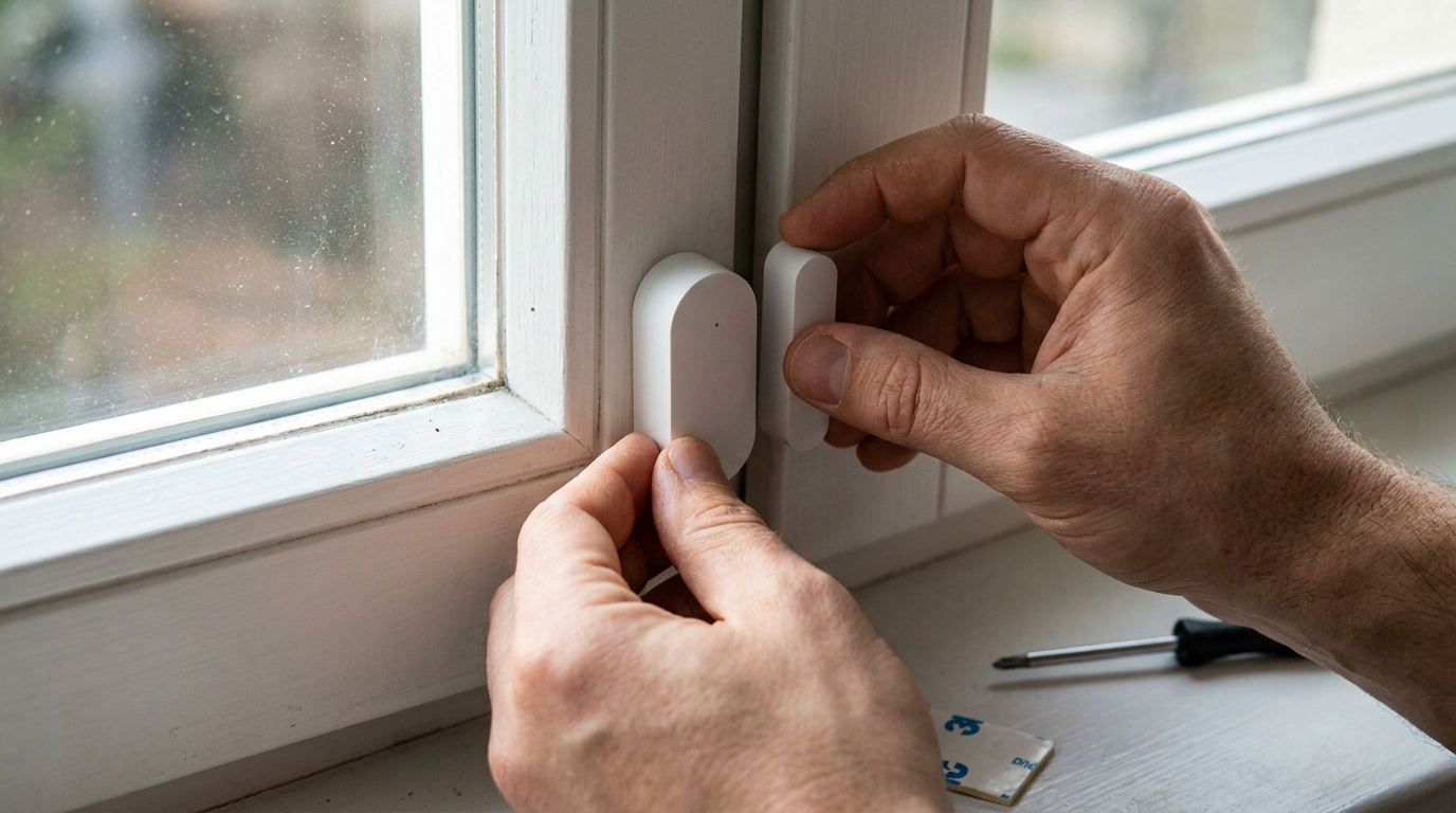 A close-up of a person installing a small, sleek, white door/window sensor on a white window frame