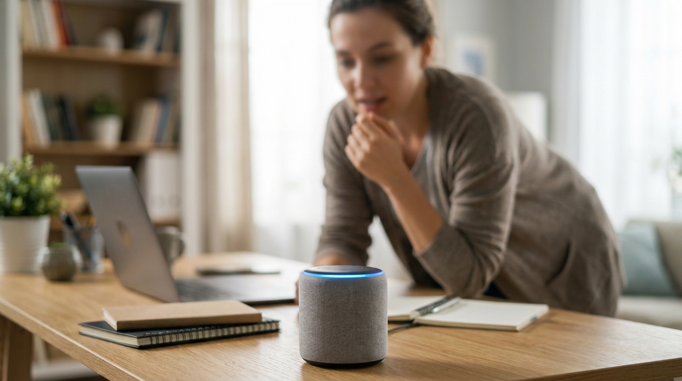 A person in a home office talking to a small, glowing smart speaker on a desk. The speaker's LED ring is illuminated